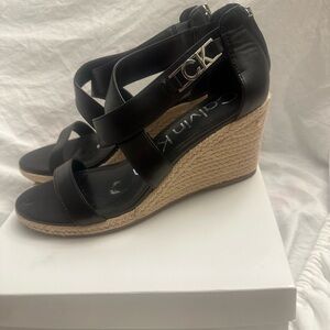 Calvin Klein Black Wedge Sandals with Espadrille Heel